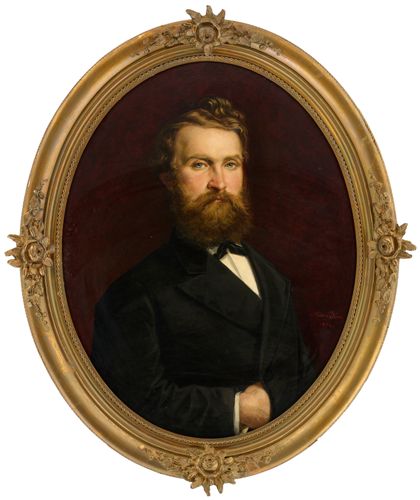 Ovales Portrait eines bonden bärtigen Mannes im dunklen Herrenrock, vor dunklem Grund. Gold gerahmt.