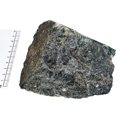 Großstufe eines Peridotits mit verschiedenen Sulfiderzen wie Pyrrhotin, Chalkopyrit, Pentlandit.