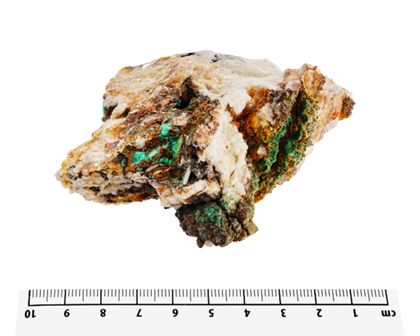 Mineral Cornwallite on arsenobismite with malachite, azurite and pharmacosiderite on baryte