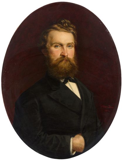 Ovales Porträt eines blonden bärtigen Mannes im dunklen Herrenrock, vor dunklem Grund.