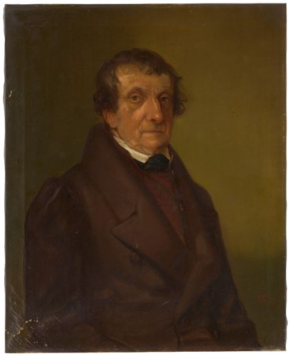 Ausgerahmtes Porträt eines älteren Mannes. Braun gekleidet.