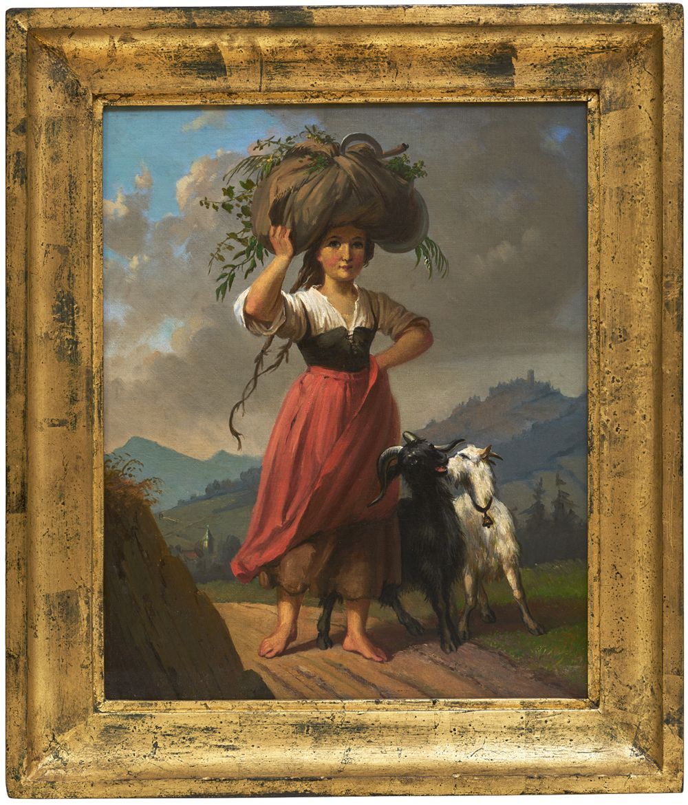 Bauernmädchen mit zwei Ziegen, ein Heubündel auf dem Kopf tragend