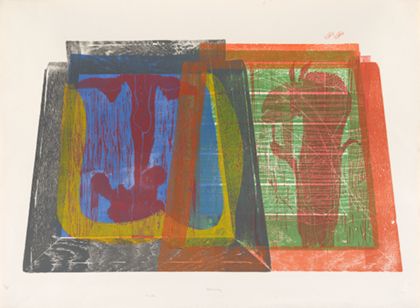 Abstrakte Graphik mit zwei Figuren aus der Mythologie. Figur links: Ariadne, Figur rechts: Minotauros-Dionysos