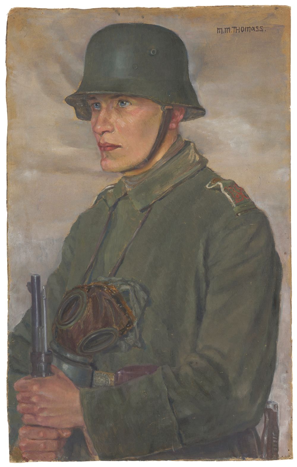 Soldat mit Stahlhelm und Gasmaske