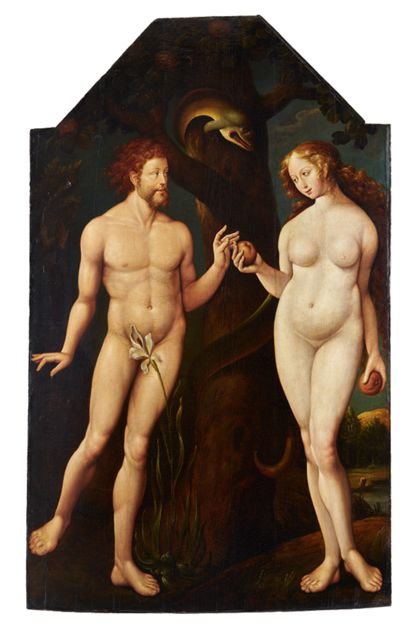 Unter dem Baum der Erkenntnis, um den sich die Schlange windet, reicht Eva Adam eine Frucht.