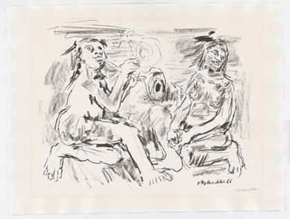 Schwarz-weiß Druck von zweier musizierenden Faunen