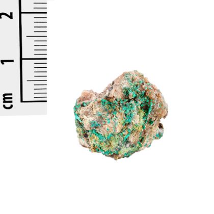Kleinstufe mit gelblichem Walpurgin und blauem Mixit auf Quarz.