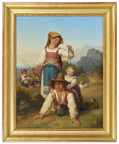 Gemälde in goldenem Rahmen mit spielenden Kindern. Ein junger Hirte stellt sich als Reittier zur Verfügung, ein gelocktes kleines Mädchen sitzt auf seinem Rücken. Eine junge Frau bändigt den Hirten mit Zügel und Reitpeitsche.