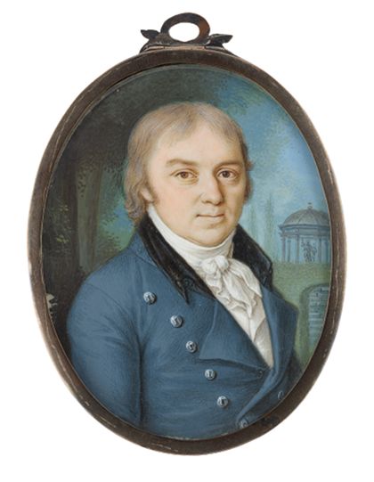 Anhängermedaillon mit dem Porträt eines Mannes im blauen Rock vor einer Parklandschaft