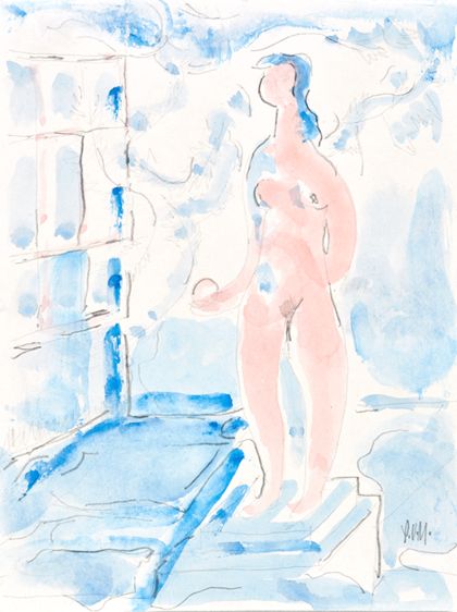 Stehende weibliche Aktfigur in blauem Raum