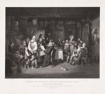 Versammlung von Personen in Tracht in einer Stube